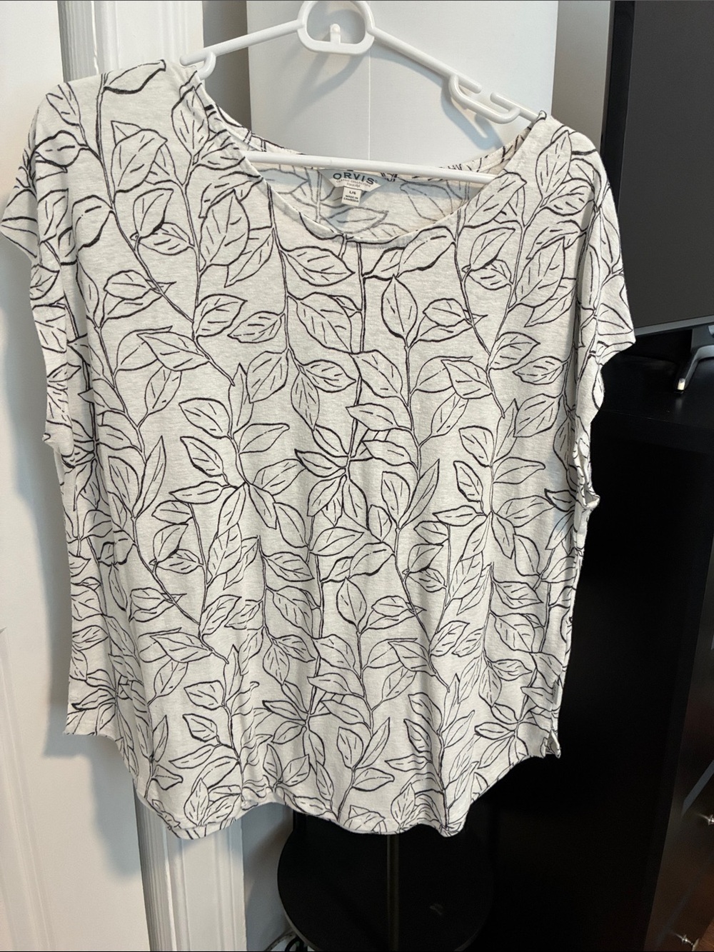 Orvis Cream Short Sleeve Tee with Black Leaf Print